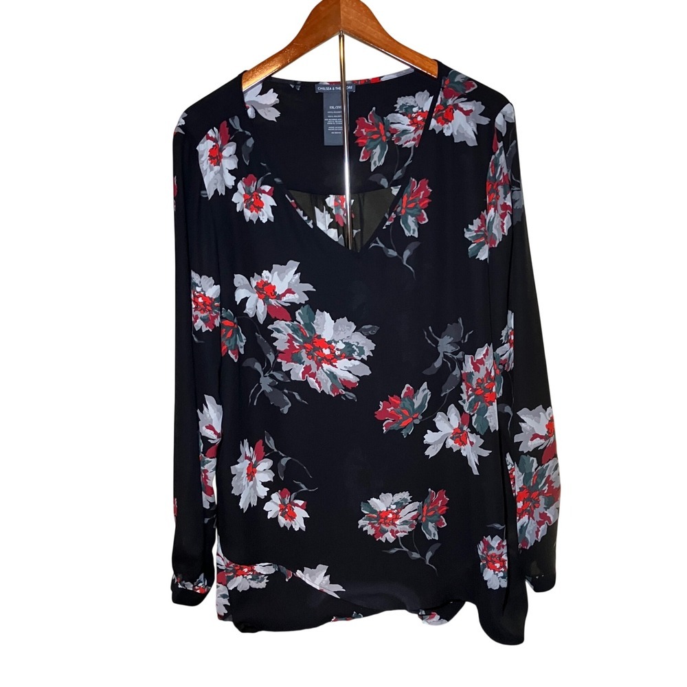 Chelsea & Theodore Blouse Women XXL/2X Black Floral V-Neck Layered Hem